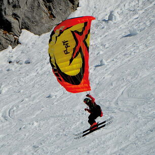 Speedflying and speedriding canopies in the snow as an application for precision laser-cut ripstop nylon and paraglider fabric, also used for kites and kite canopies